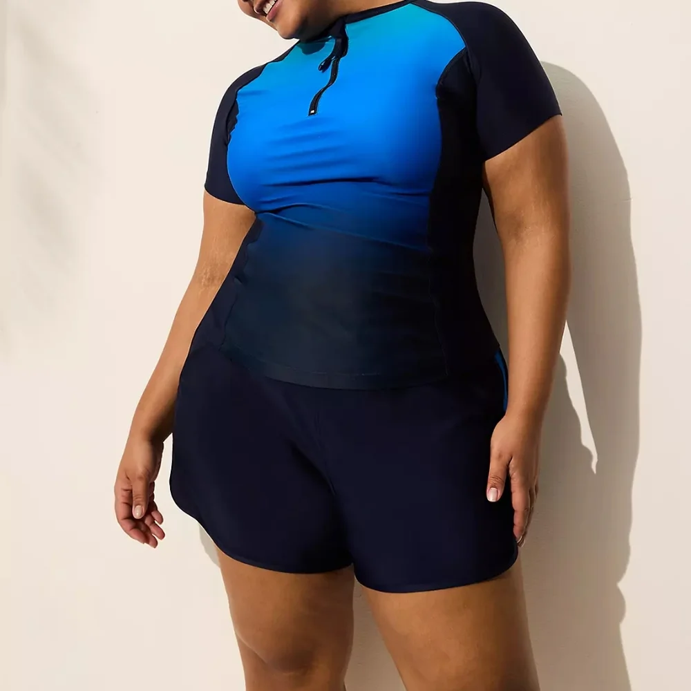 Lane Bryant Cacique Mermaid Blue Quarter Zip Short-Sleeve Swim Rash Guard Top 24 - Picture 3 of 5
